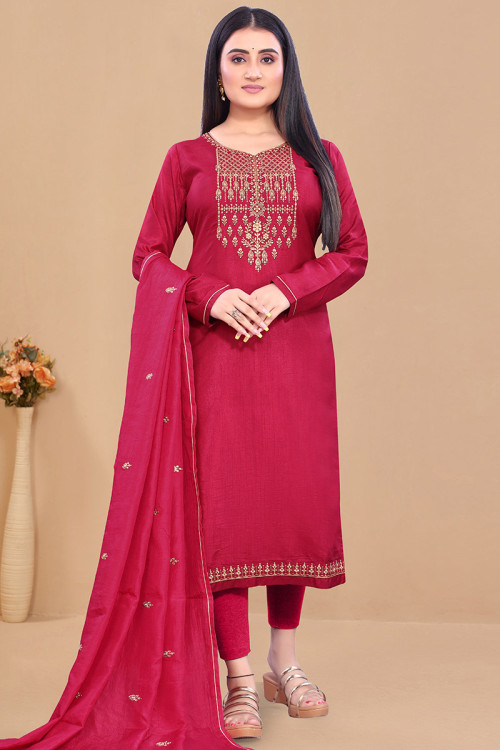 Ruby Pink Silk Embroidered Straight Cut Suit
