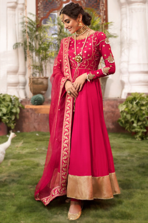Ruby Pink Silk Embroidered Wedding Wear Anarkali Suit