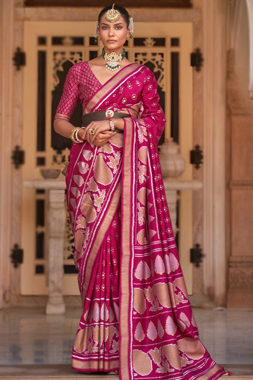 Foil Printed Ruby Pink Silk Saree with Zari Broad Border