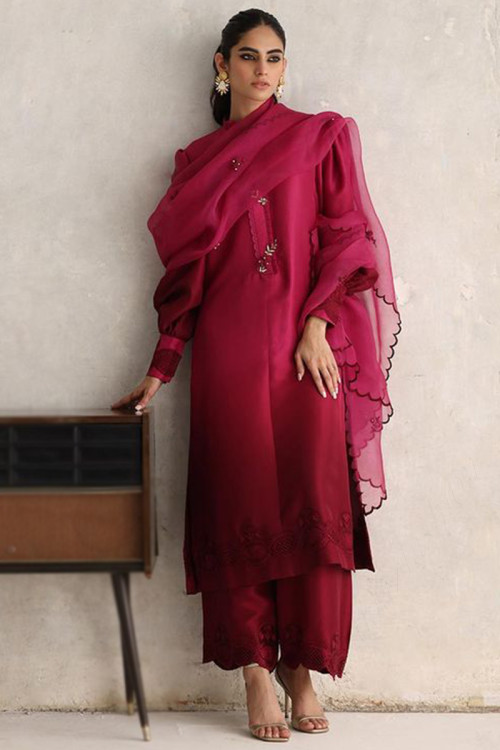 Ruby Pink Silk Palazzo Pant Party Wear Suit With Thread Work