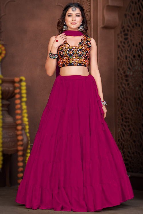 Ruby Pink Silk Plain Flared Style Lehenga