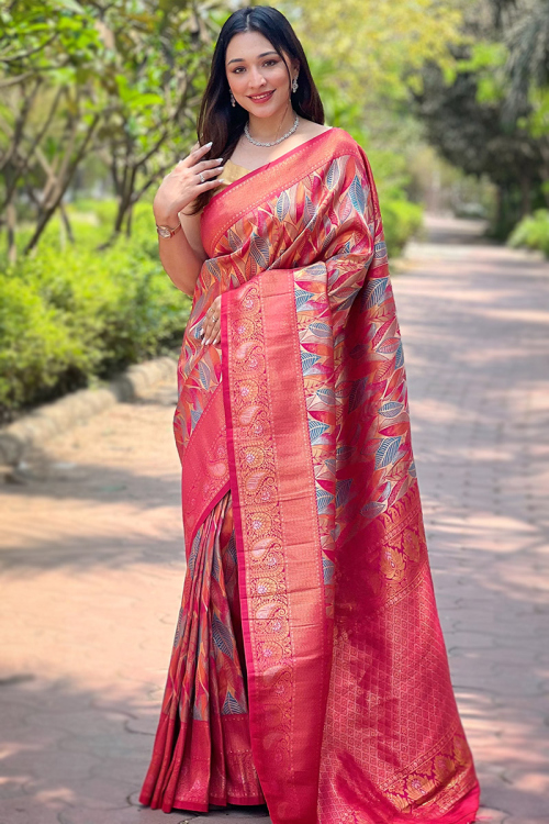Ruby Pink Silk Broad Border Saree with Zari Weave