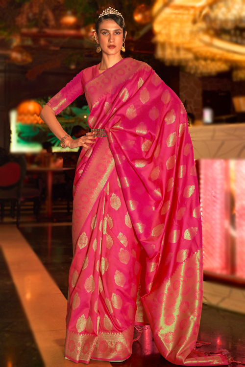 Ruby Pink Silk Woven Zaro Broad Border Saree 