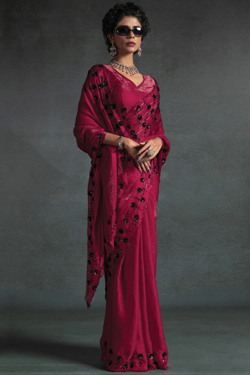 Ruby Pink Tissue Silk Saree With Sequins Work For Party