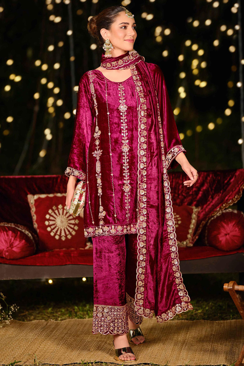 Ruby Pink Velvet Straight Pants Suit With Sequins Work For Festival