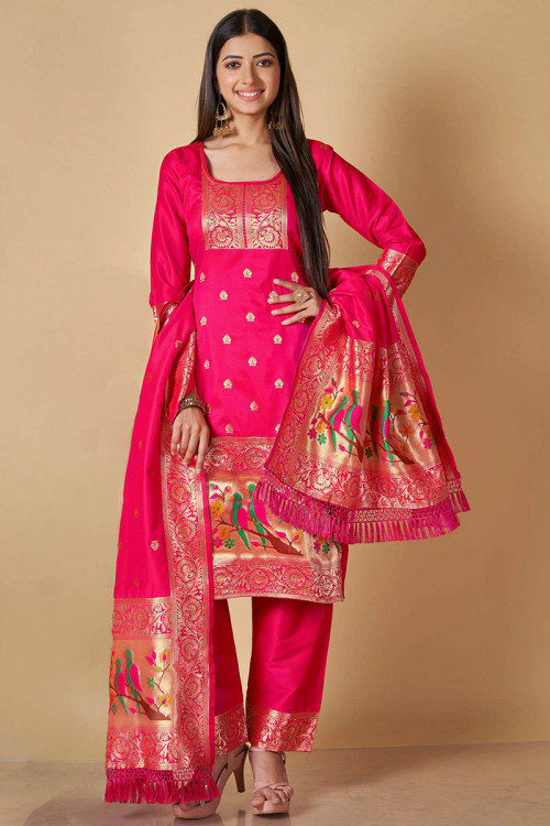 Ruby Pink Weaved Zari Banarasi Silk Straight Cut Suit 