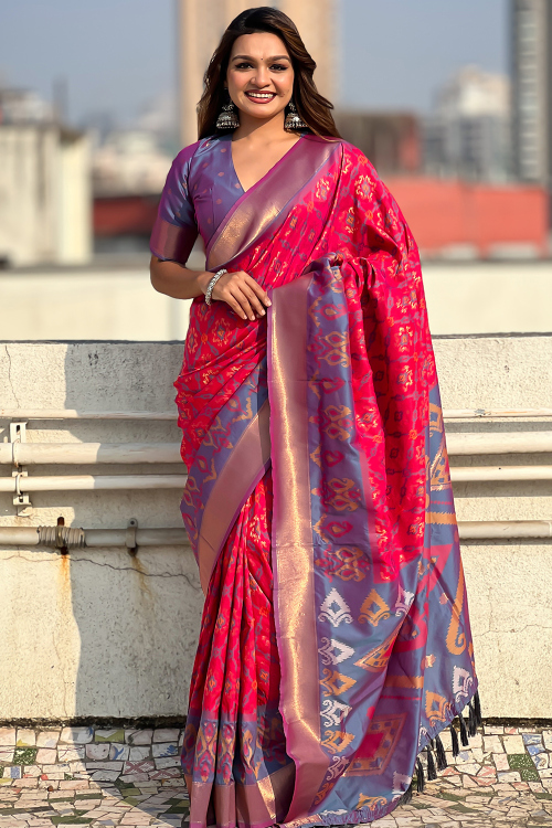 Ruby Pink Woven Zari Silk Broad Border Saree