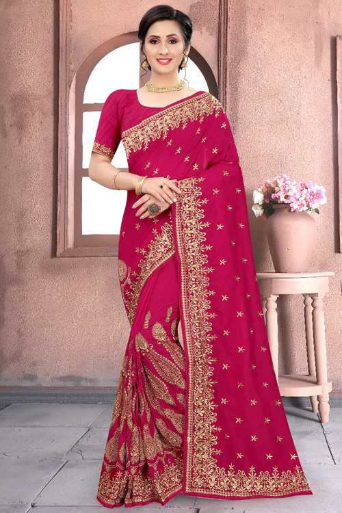 Buy Rose Pink Silk Saree With Art Silk Blouse Online - SARV03116