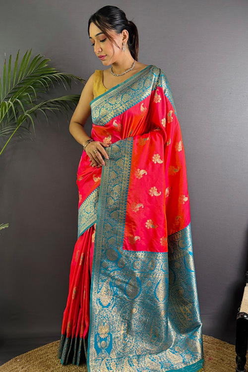 Ruby Red Art Silk Broad Border Saree With Weaved Work