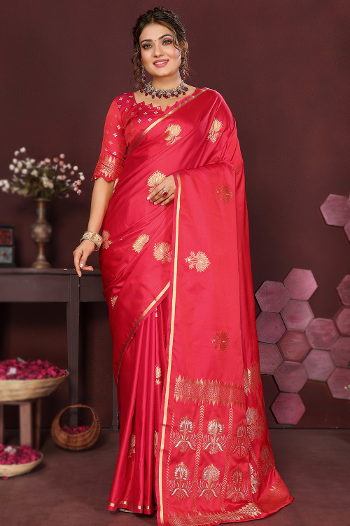 Ruby Red Art Silk Broad Border Saree With Woven Zari Work