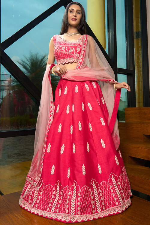 Ruby Red Art Silk Embroidered A Line Lehenga 