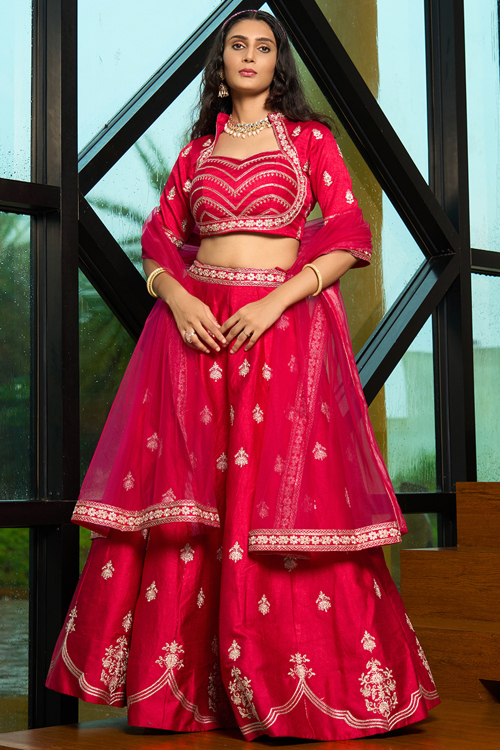 Ruby Red Art Silk Lehenga with Embroidered A Line Style