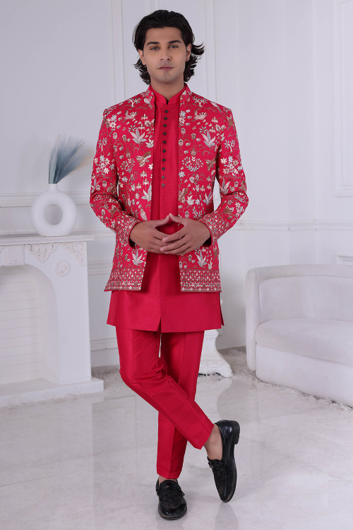 Ruby Red Art Silk Jodhpuri Men's Sherwani With Embroidered Jacket