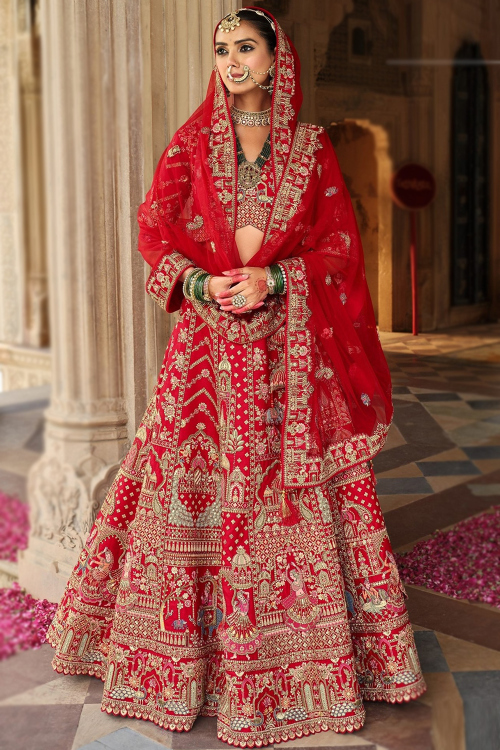 Ruby Red Art Silk Panelled Style Embroidered Lehenga For Wedding