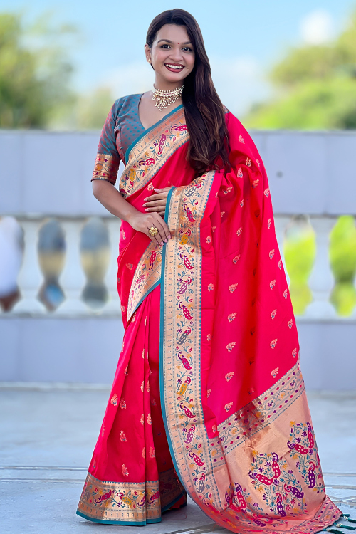 Ruby Red Art Silk Weaved Paithani Saree 