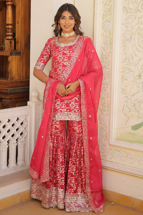 Ruby Red Art Silk Weaved Straight Cut Gharara Suit 
