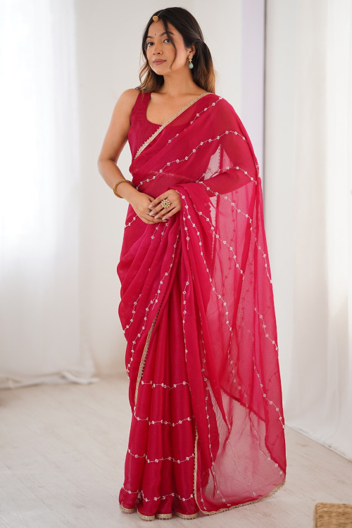 Ruby Red Chiffon Saree With Beads Work For Festival
