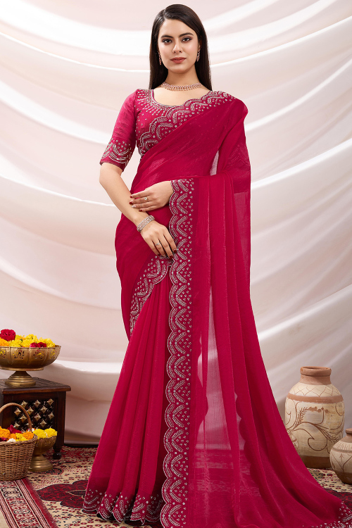 Ruby Red Chiffon Saree with Stone Work for Festival