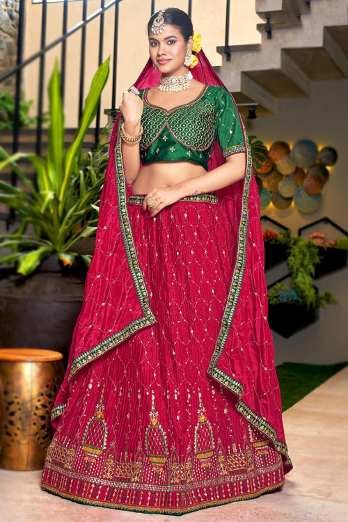 Ruby Red Chinnon Embroidered Crushed Lehenga
