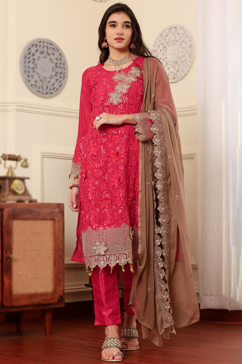 Ruby Red Chinnon Resham Embroidered Straight Trouser Suit 