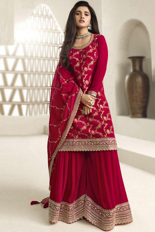Ruby Red Chinnon Weaved Zari Sharara Suit For Eid 
