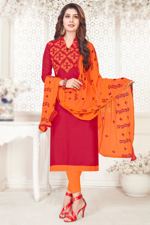 Ruby Red Cotton Straight Cut Trouser Suit with Thread embroidery