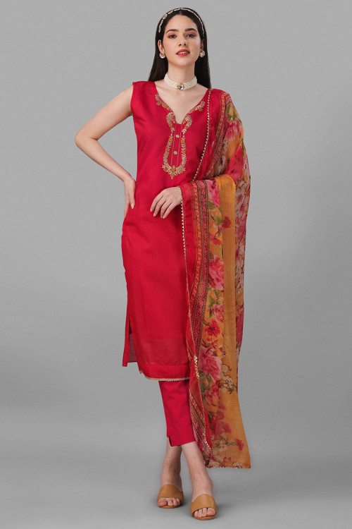 Thread Work Party Wear Trouser Suit in Ruby Red Cotton