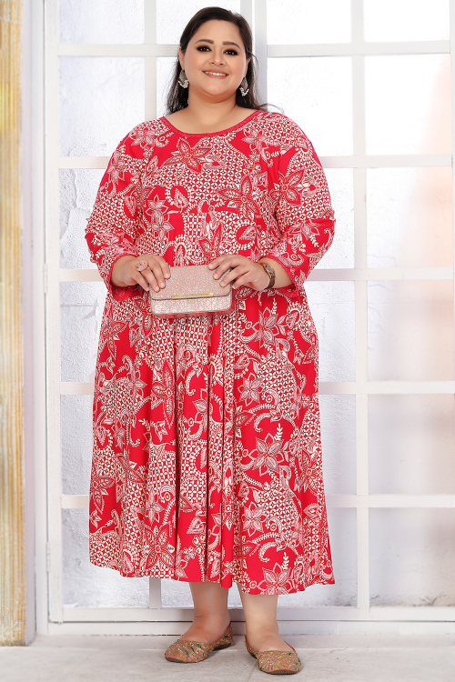 Ruby Red Cotton Kurti With Lace Work For Casual Wear