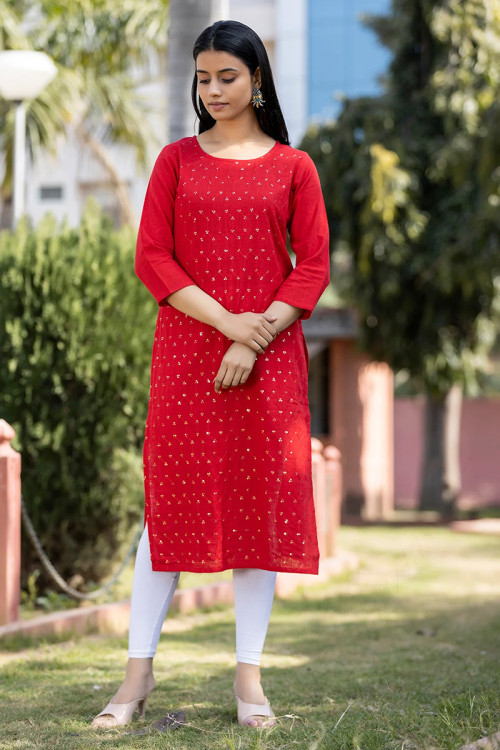 Buy Red Cotton Sequins Work Kurtis Kurtas Online for Women in UK