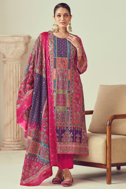 Ruby Red Cotton Trouser Suit With Printed Work For Festival