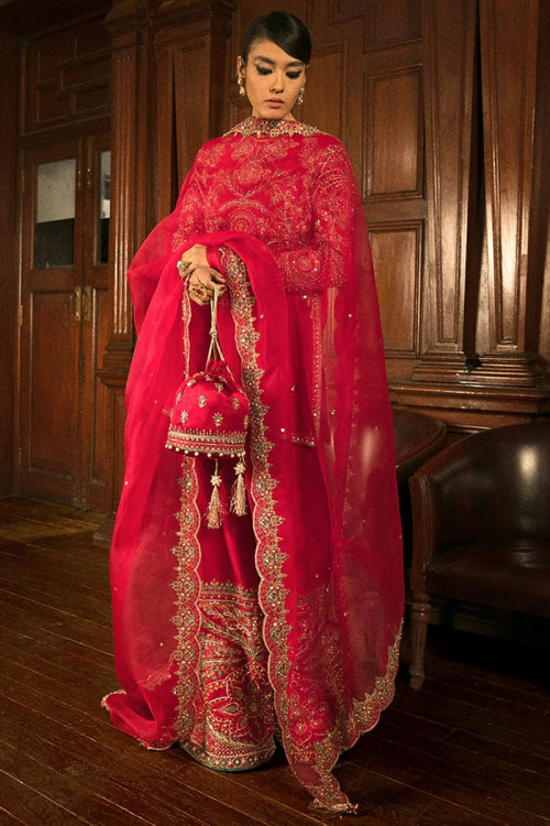 Ruby Red Dori Embroidered Silk Palazzo Suit With Blazer 