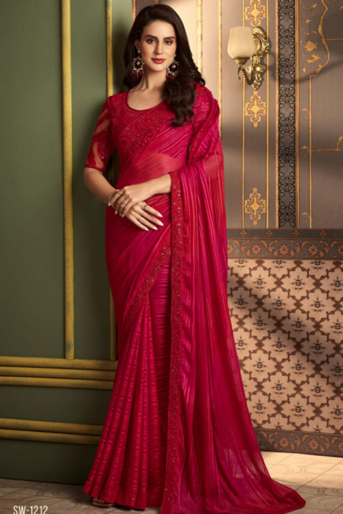 Ruby Red Dori Embroidered Wedding Wear Chiffon Saree