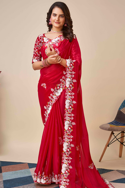 Shop Red Silk Designer Saree Blouse with Dori Ties and Deep ''U