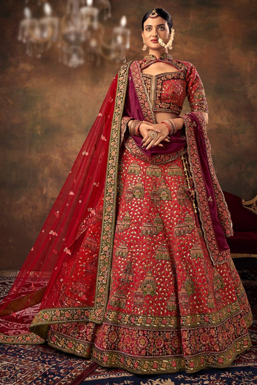 Ruby Red Embroidered Velvet Bridal Wear Lehenga 