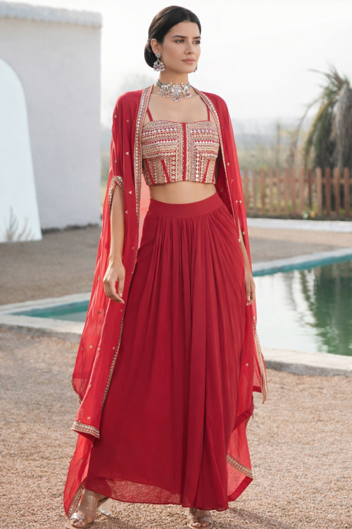 Ruby Red Georgette Dhoti Style Lehenga with Zari Work for Party