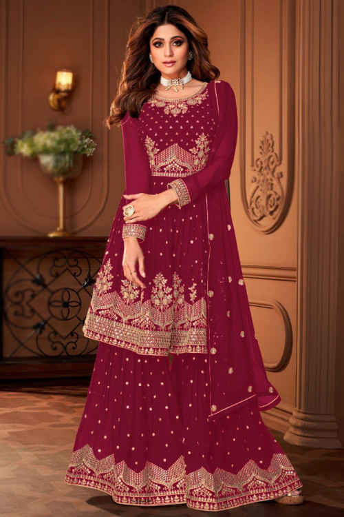 Georgette Ruby Red Sangeet Sharara Suit with Sequins embroidery