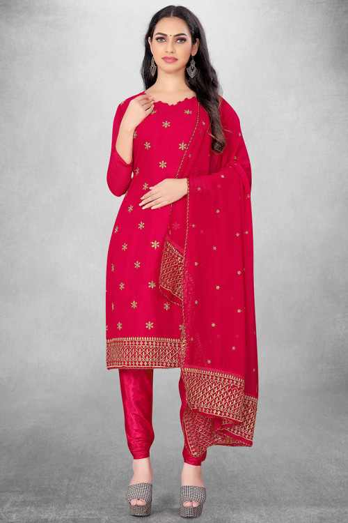 Ruby Red Georgette Embroidered Straight Cut Churidar Suit 