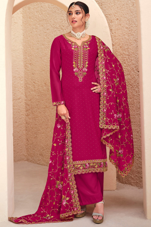 Ruby Red Georgette Embroidered Straight Cut Palazzo Suit 