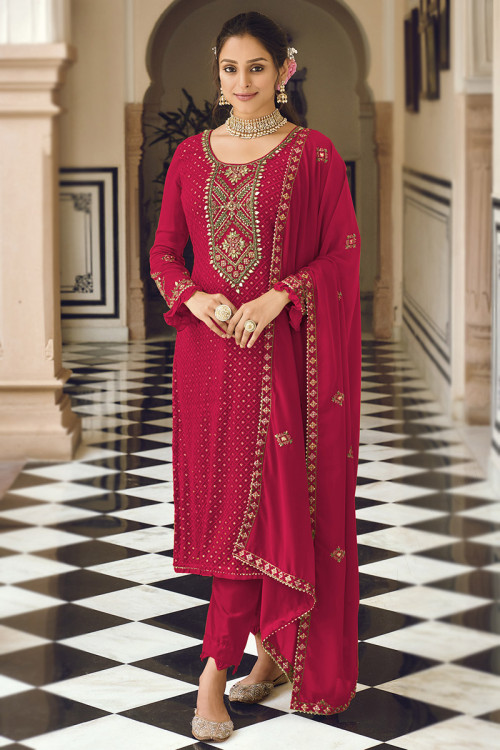 Ruby Red Georgette Embroidered Trouser Suit