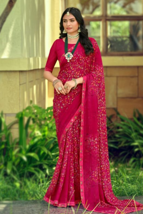 Ruby Red Georgette Saree With Printed Work For Festival