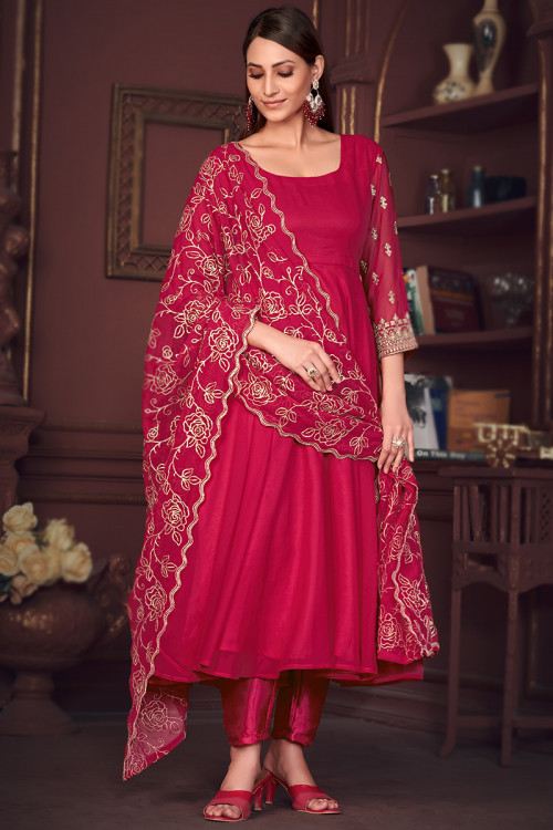 Ruby Red Georgette Sequins Embroidered Anarkali Suit For Sangeet