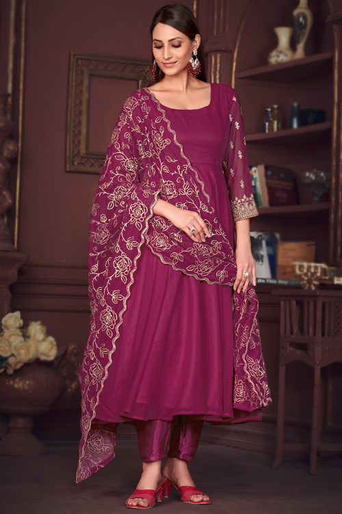 Magenta Pink Georgette Sequins Embroidered Anarkali Suit For Sangeet