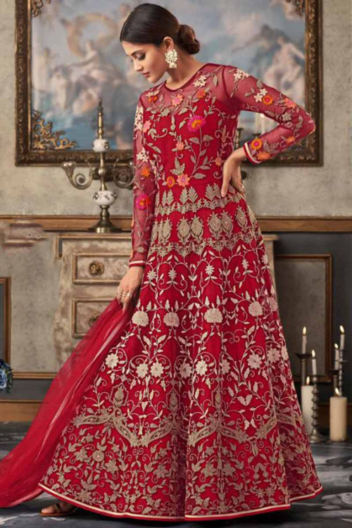 Ruby Red Net Anarkali Suit With Resham Work