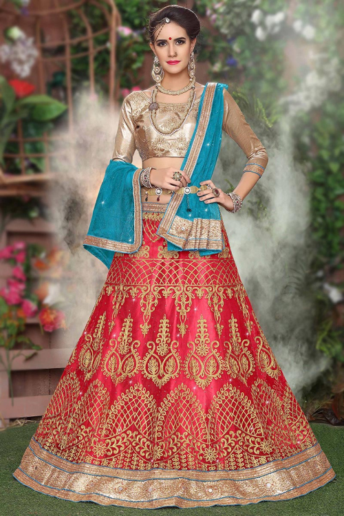 Net Lehenga in Ruby Red colour with Stone Work for Bridesmaid 