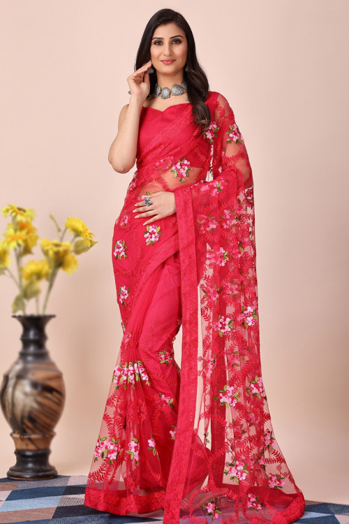 Ruby Red Net Embroidered Light Weight Saree For Sangeet 