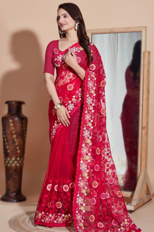 Ruby Red Net Resham Embroidered Heavy Saree 
