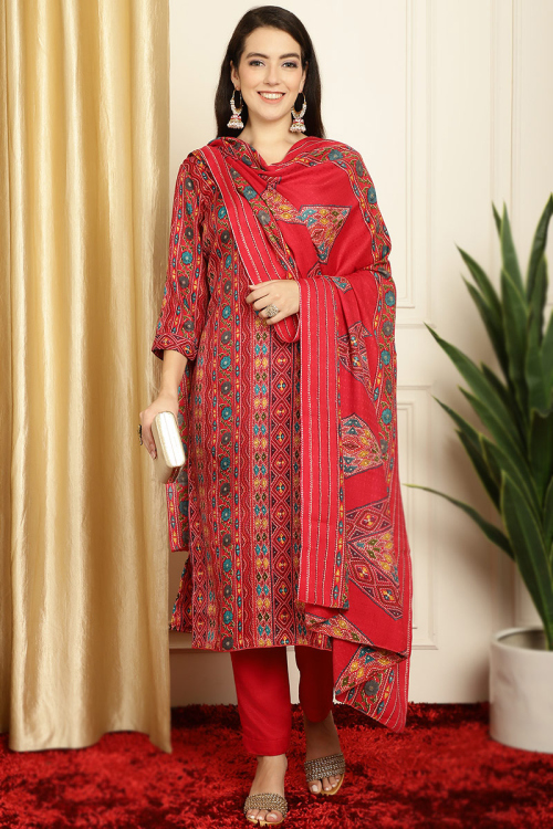 Ruby Red Printed Pashmina Straight Cut Trouser Suit 