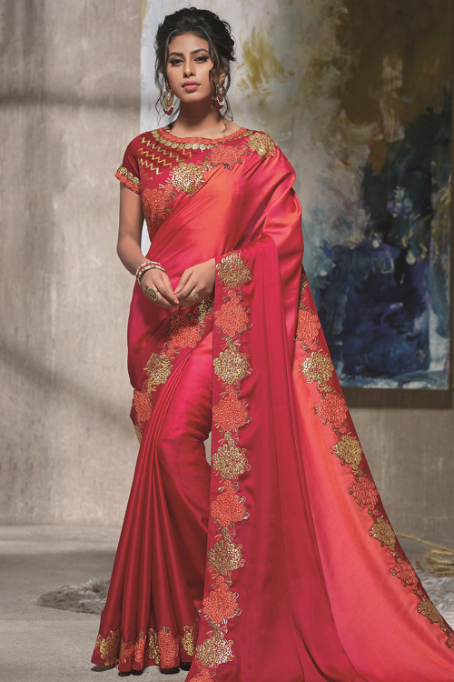 Ruby Red Satin Lace Embroidered Light Weight Saree