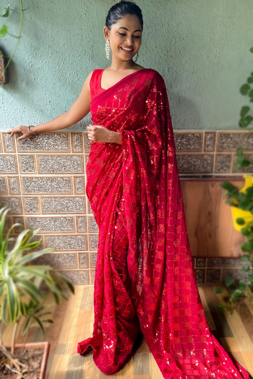 Ruby Red Sequins Embroidered Georgette Heavy Saree