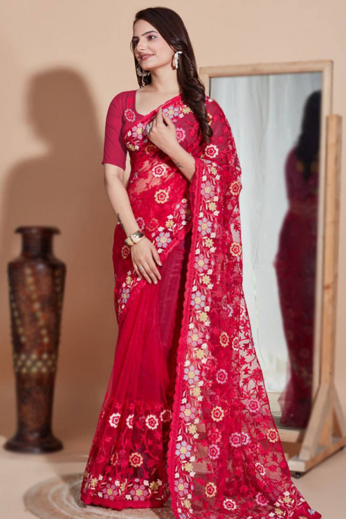 Red Net Party Wear Saree 230547